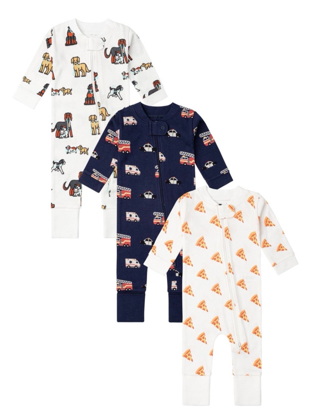 3-Pack Baby Footed Zippert Rompers 9-12m - Dog, Pizza & Vehicle Prints